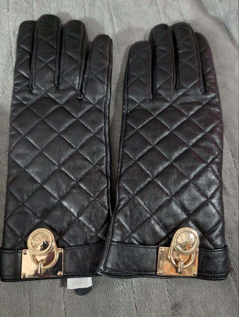 Michael Kors Quilted Leather Gloves with Gold Logo Hardware - Black Size S